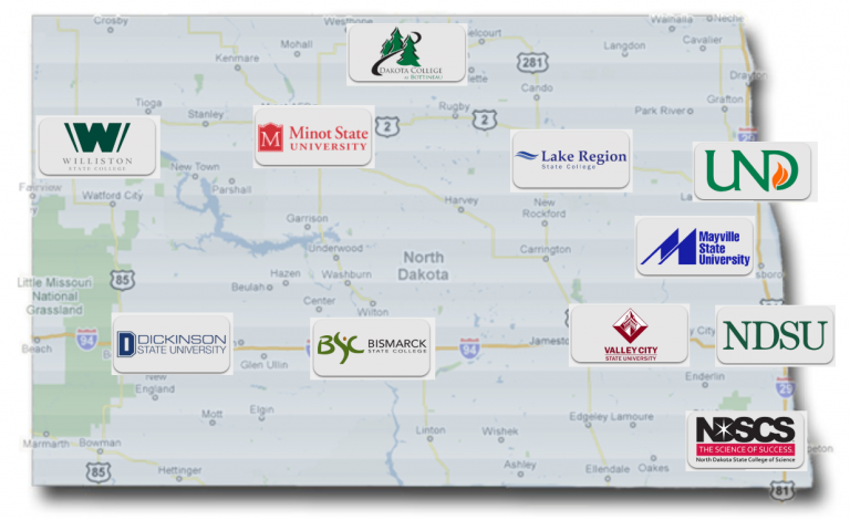 Map of North Dakota showing the logos of the 11 system institutions.